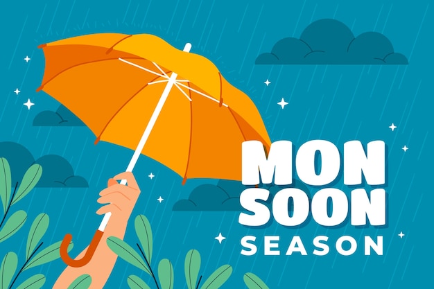 Vettore gratuito fondo piatto della stagione dei monsoni con l'ombrello della tenuta della mano