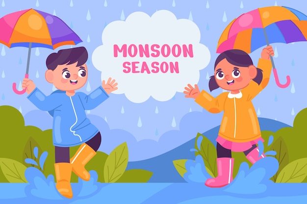 Flat monsoon season background with kids under umbrellas in the rain