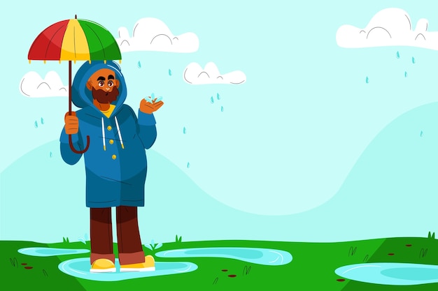 Бесплатное векторное изображение Плоский фон сезона дождей с человеком, стоящим под дождем с зонтиком