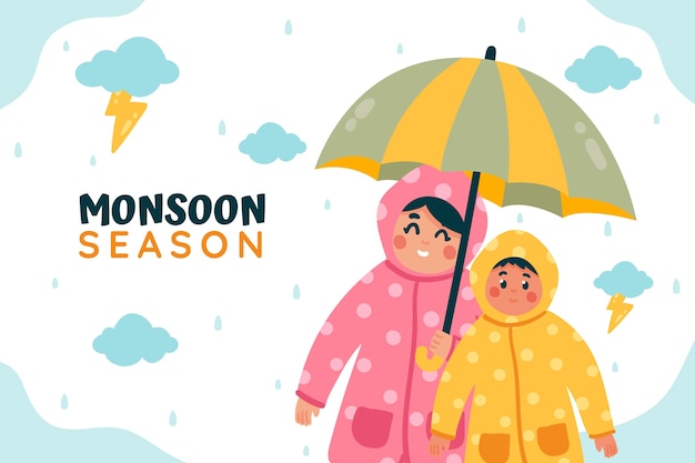Vettore gratuito fondo piatto della stagione dei monsoni con madre e bambino sotto l'ombrello