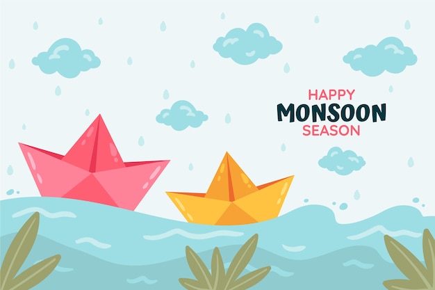 Free vector flat monsoon season background with paper boats