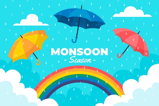 Vettore gratuito fondo piatto della stagione dei monsoni con arcobaleno e ombrelloni