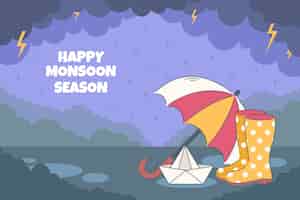 Vettore gratuito fondo piatto della stagione dei monsoni con l'ombrello e la barchetta di carta nel temporale