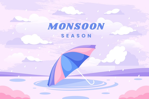 Fondo piatto della stagione dei monsoni con l'ombrello sotto la pioggia