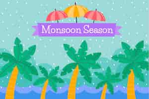 Бесплатное векторное изображение Плоский фон сезона дождей с зонтиками и пальмами