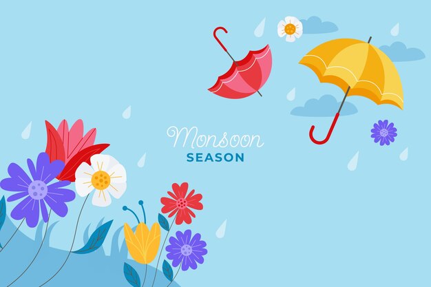 Flat monsoon season background with umbrellas and flowers