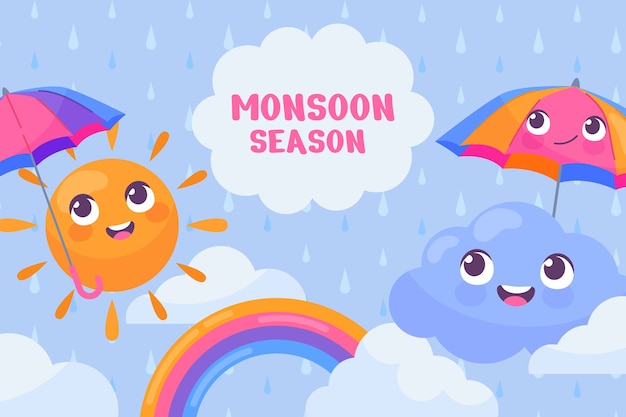 Flat monsoon season background with umbrellas and rainbow