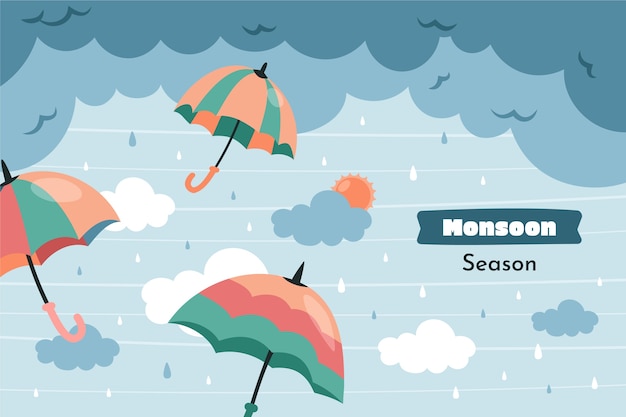 Vettore gratuito fondo piatto della stagione dei monsoni con gli ombrelli