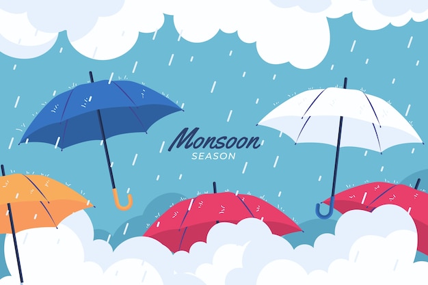 Flat monsoon season background with umbrellas