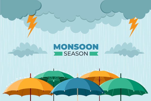 Flat monsoon season background with umbrellas
