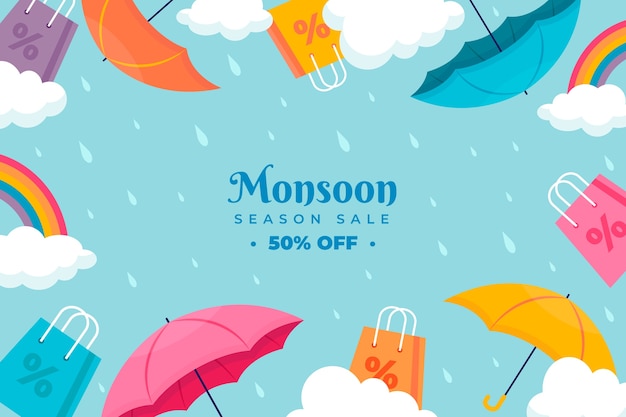 Free vector flat monsoon season background with umbrellas