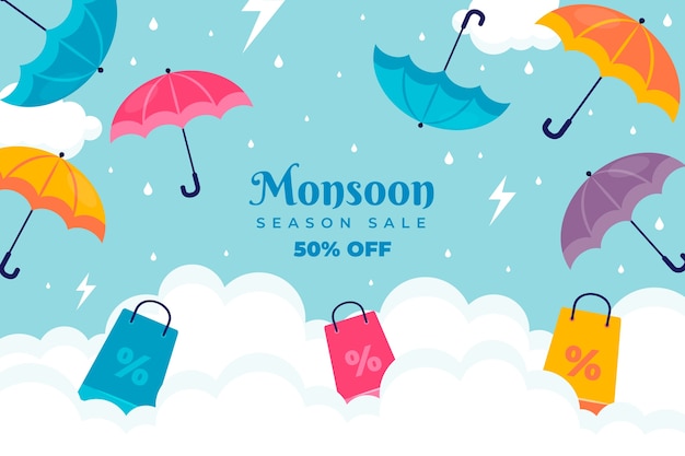 Fondo piatto della stagione dei monsoni con gli ombrelli