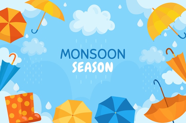 Free vector flat monsoon season background with umbrellas