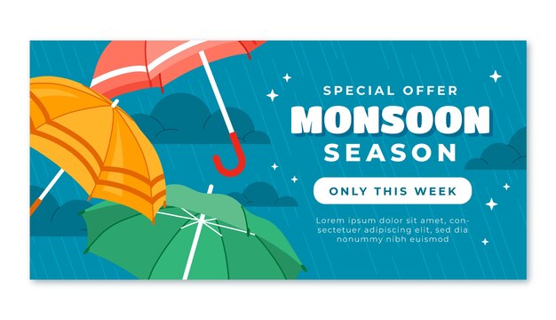 Flat monsoon season horizontal sale banner template