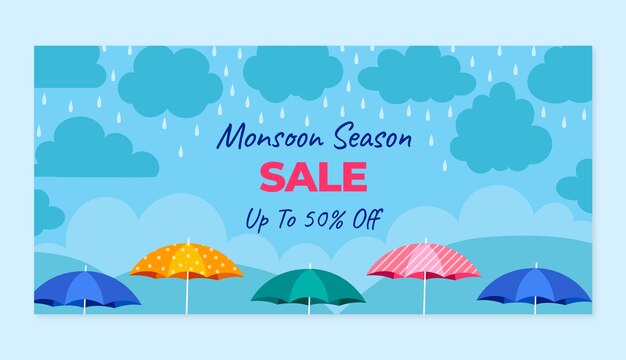 Flat monsoon season horizontal sale banner with umbrellas