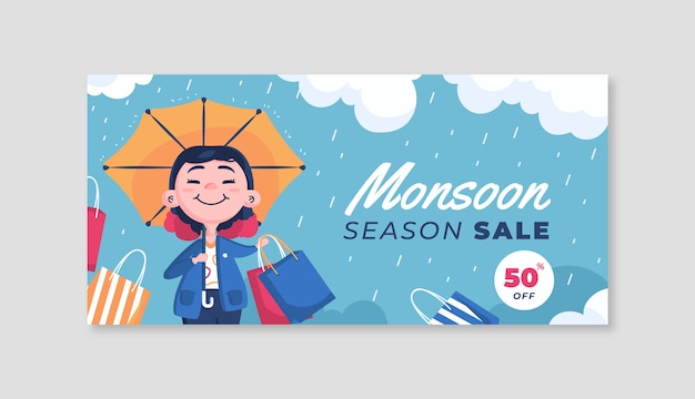 Free vector flat monsoon season horizontal sale banner with woman holding shopping bags