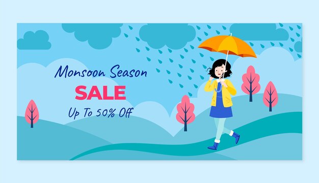 Flat monsoon season horizontal sale banner with woman holding umbrella in field