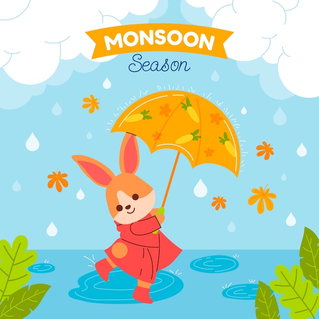 Free vector flat monsoon season illustration with bunny holding umbrella