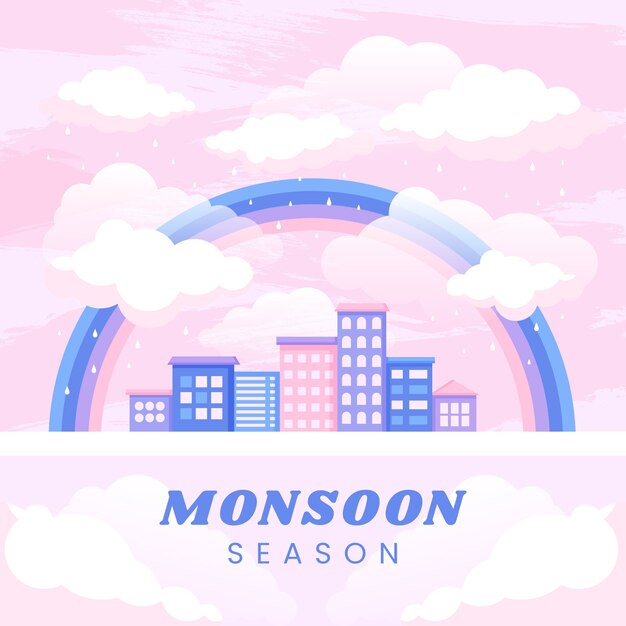Плоская иллюстрация сезона муссонов с городом под радугой