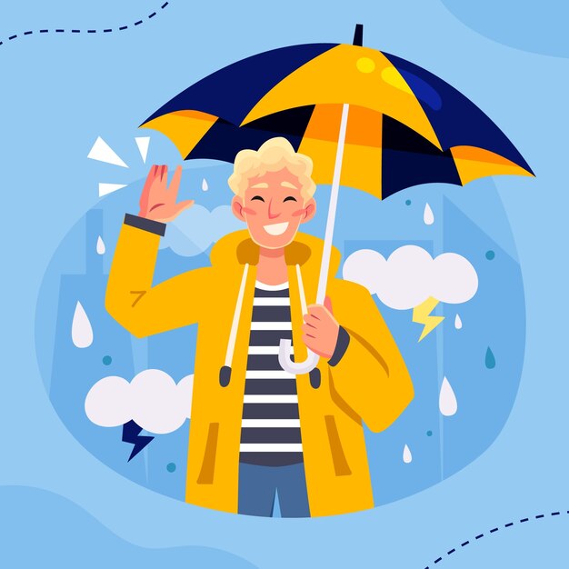 Flat monsoon season illustration with man waving under umbrella