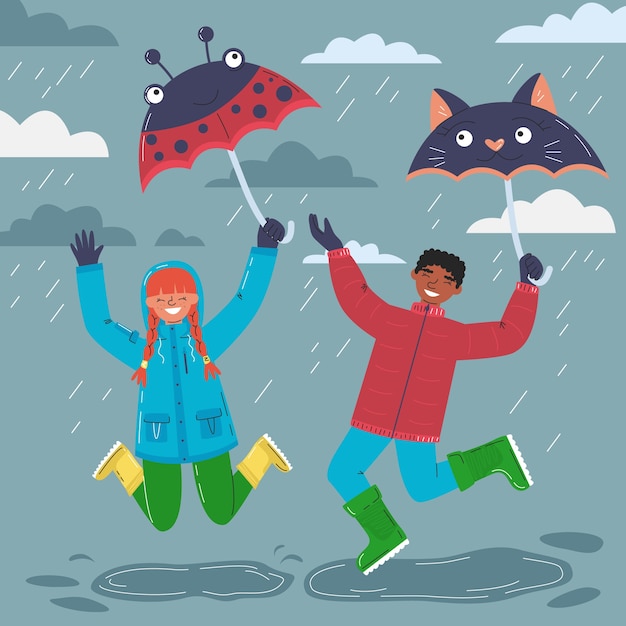 빗 속에서 우산을 들고 있는 사람들이 있는 평평한 몬순 시즌 그림
