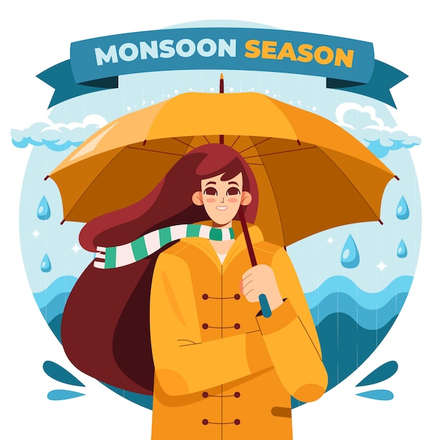 Flat monsoon season illustration with person in rain with umbrella