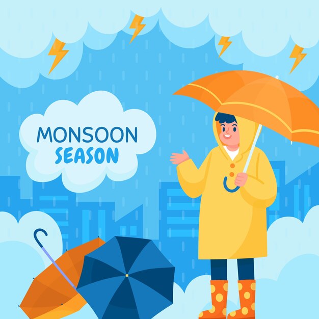 Плоская иллюстрация сезона дождей с человеком под зонтиком