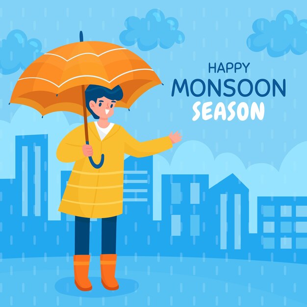 Flat monsoon season illustration with person under umbrella
