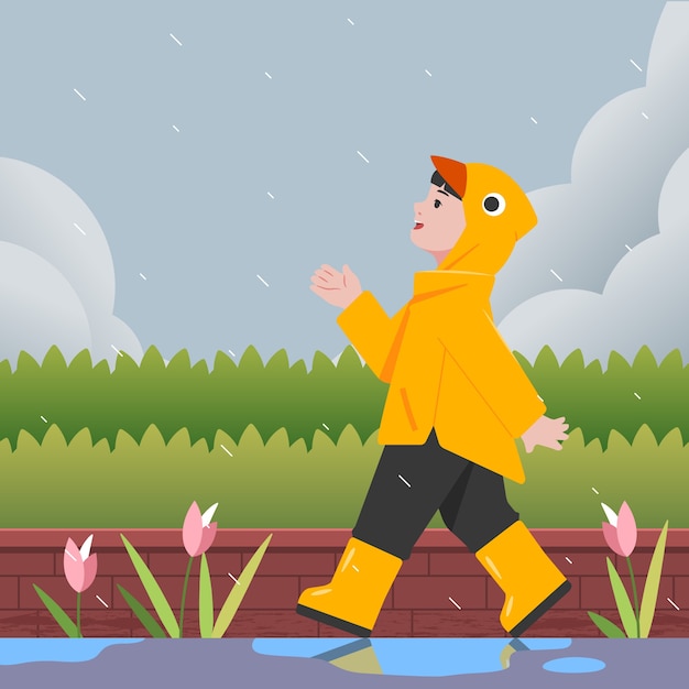 Flat monsoon season illustration with person walking in the rain