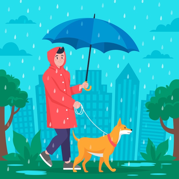 Free vector flat monsoon season illustration with person walking their dog in the rain