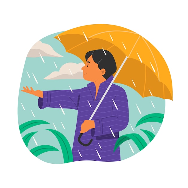 Плоская иллюстрация сезона дождей с человеком с зонтиком под дождем