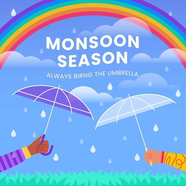 Flat monsoon season illustration with rainbow