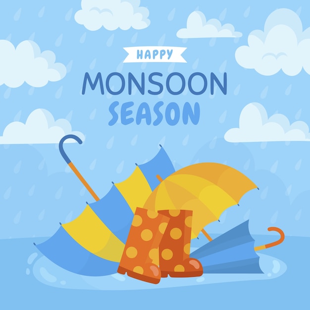 Flat monsoon season illustration with umbrellas and boots