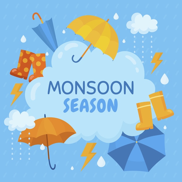 Flat monsoon season illustration with umbrellas and essentials