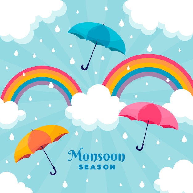Vettore gratuito illustrazione piatta della stagione dei monsoni con ombrelloni e arcobaleno