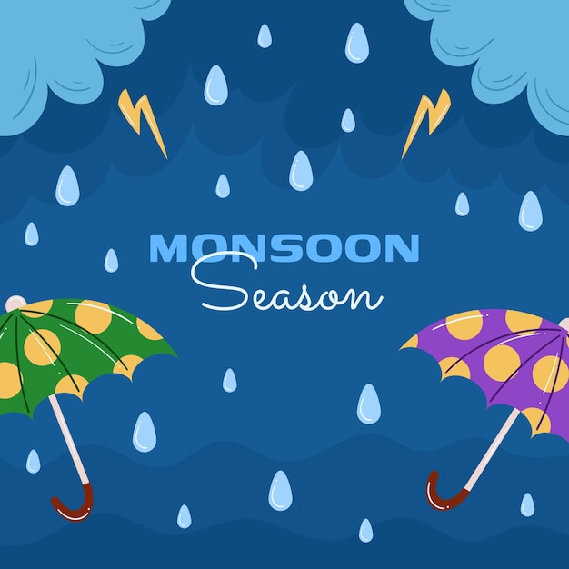 Flat monsoon season illustration with umbrellas and thunderstorm