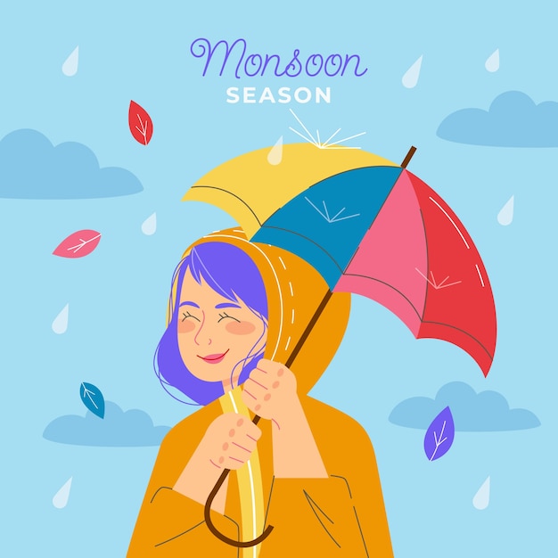 우산 아래 여자와 플랫 몬순 시즌 그림