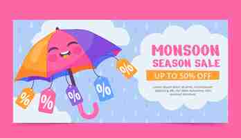 Free vector flat monsoon season sale horizontal banner template with smiling umbrella