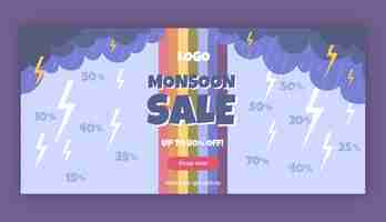 Free vector flat monsoon season sale horizontal banner template with thunderstorm and rainbow