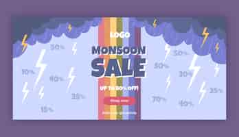 Free vector flat monsoon season sale horizontal banner template with thunderstorm and rainbow