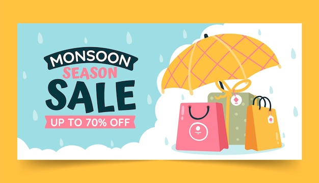 Плоская сезонная распродажа сезона дождей шаблон горизонтального баннера с зонтиком и сумками для покупок