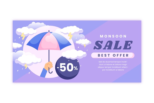 Плоский сезон дождей распродажа горизонтальный шаблон баннера с зонтиком