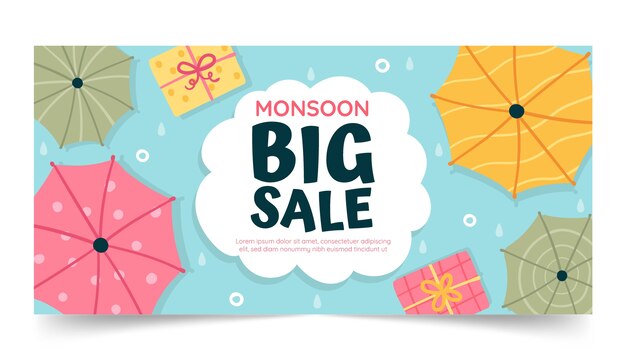 flat monsoon season sale horizontal banner template with umbrellas and gifts