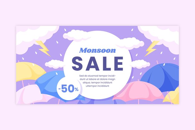 Flat monsoon season sale horizontal banner template with umbrellas and thunderstorm