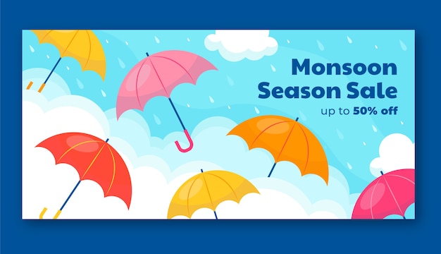 Flat monsoon season sale horizontal banner template with umbrellas