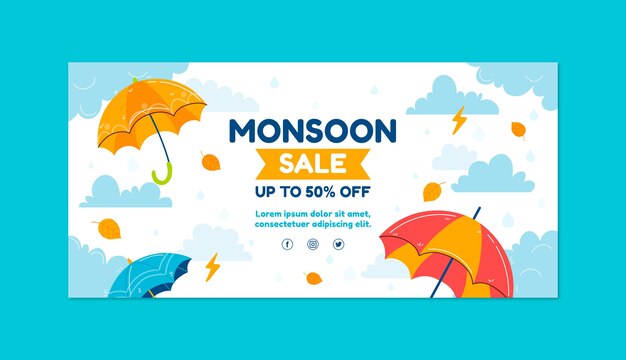 Flat monsoon season sale horizontal banner template with umbrellas