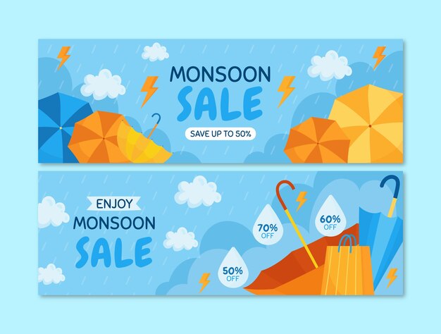 Flat monsoon season sale horizontal banners set