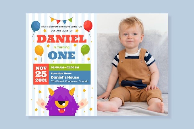 Free vector flat monster birthday invitation template with photo