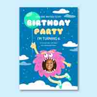 Free vector flat monster birthday invitation template with photo