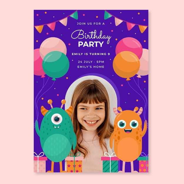 Free vector flat monster birthday invitation template with photo